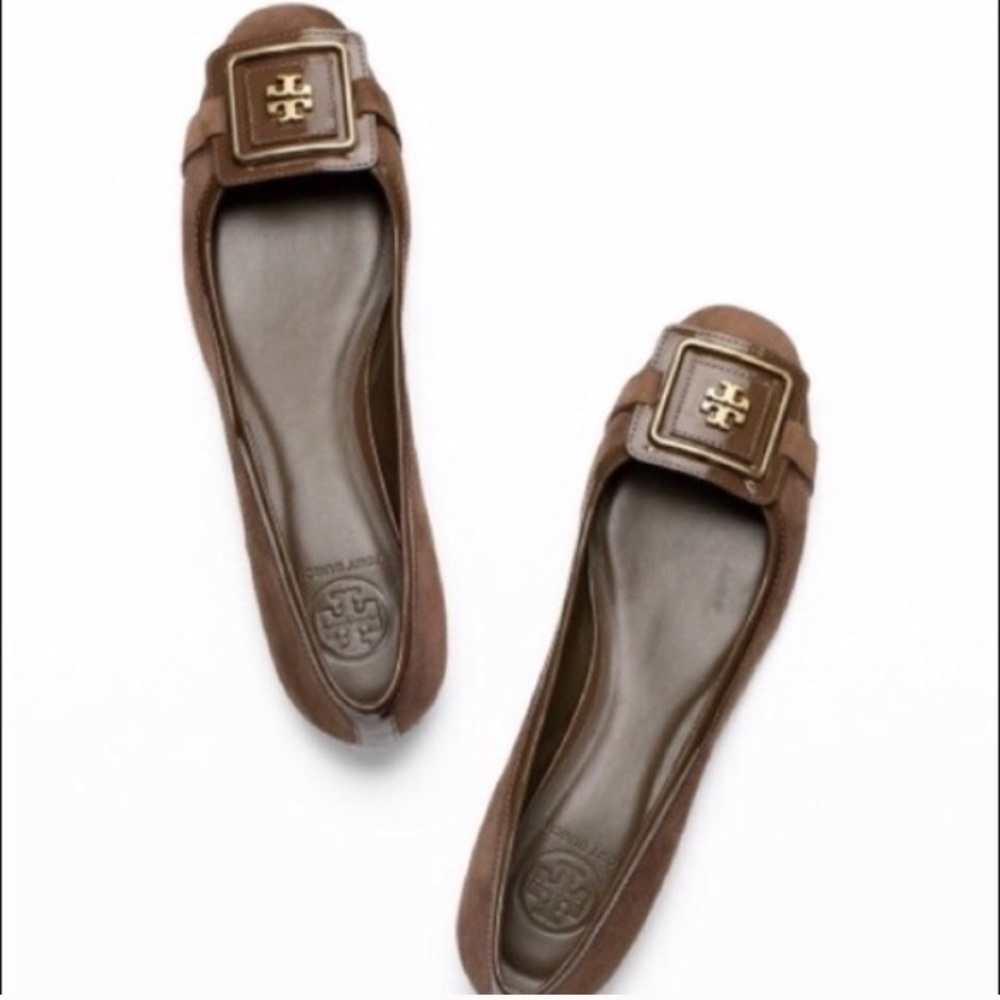TORY BURCH Julian Mocha Suede Ballet Flats